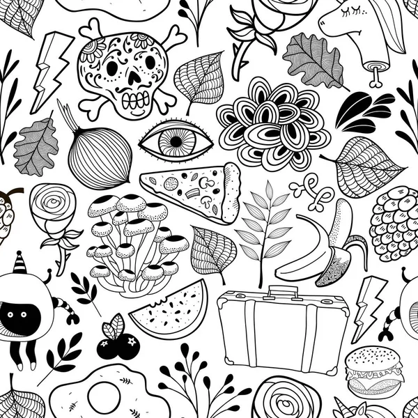 Seamless Pattern Cartoon Characters Black White Style Vector Wallpaper — Stock Vector