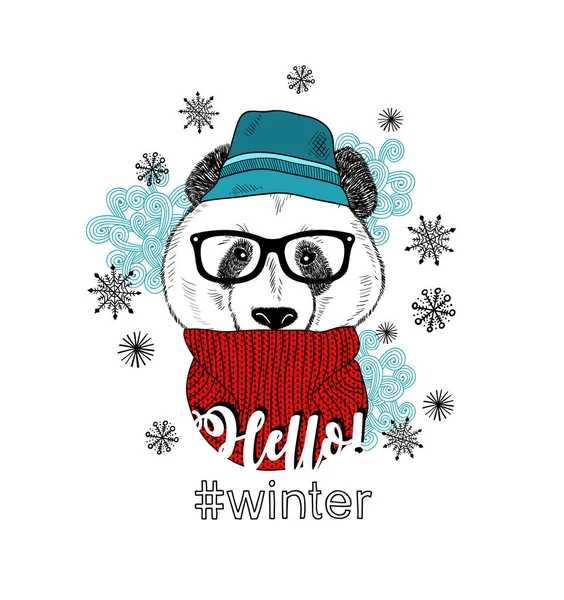 Panda Invierno Sombrero Aislado Fondo Blanco Ilustración Vectorial — Vector de stock