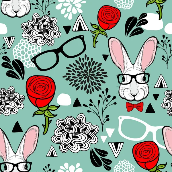 时髦的兔子在眼镜无尽的背景 矢量无缝插图 — 图库矢量图片