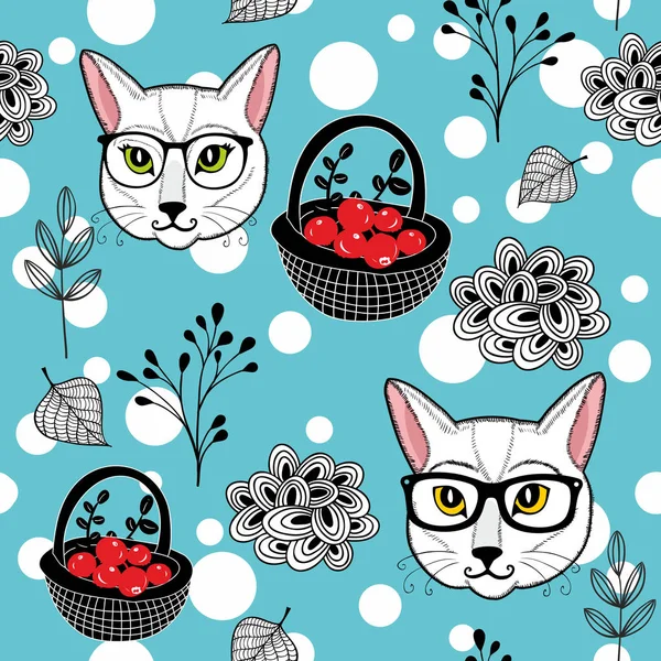 Winter Seamless Patten Red Berries Snow Smart Cats Vector Illustration — Stock Vector