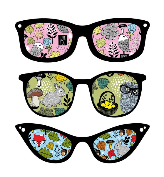 Conjunto Creativo Gafas Sol Retro Con Patrón Reflexión Ilustración Vector — Archivo Imágenes Vectoriales