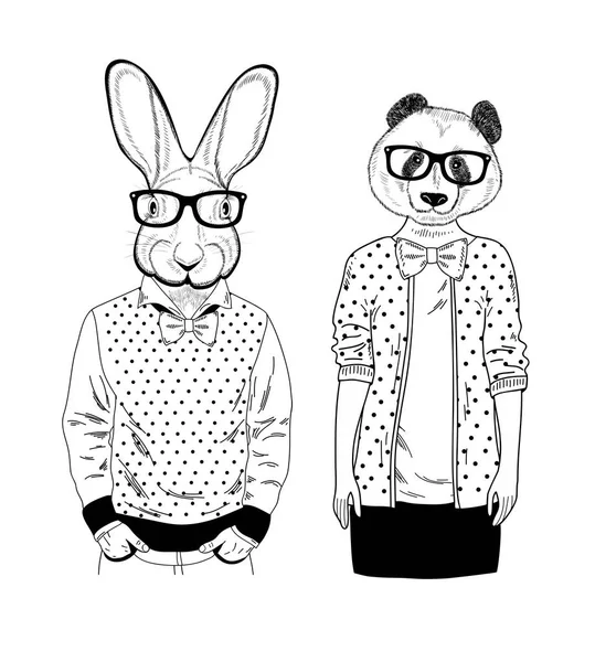 Cute Panda Girl Smart Rabbit Glasses Creative Set Hand Drawn — Stock Vector