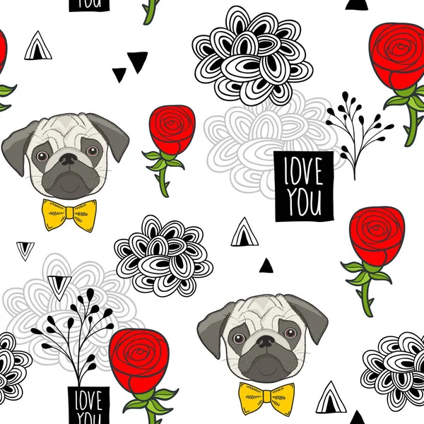 Padrão Sem Costura Romântico Com Pugs Bonitos Rosas Vermelhas Papel — Vetor de Stock