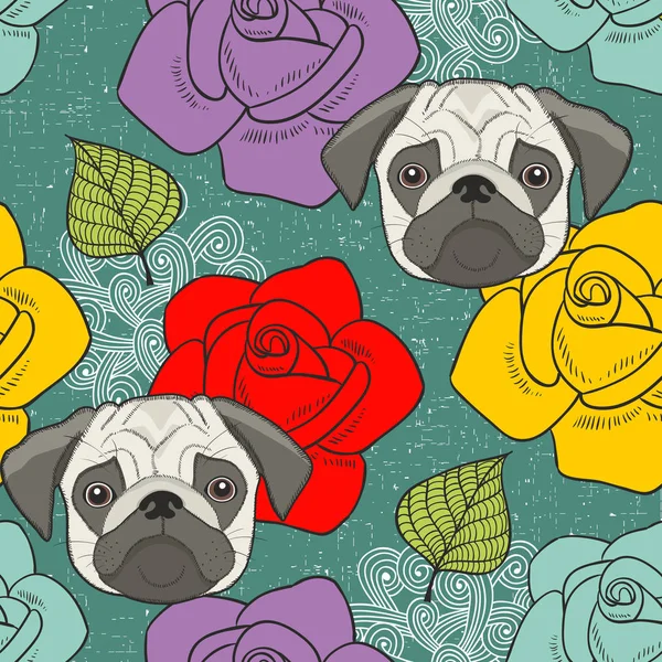 Pugs Flowers Seamless Wallpaper Vector Background Cute Animals Roses Romantic — Stock Vector