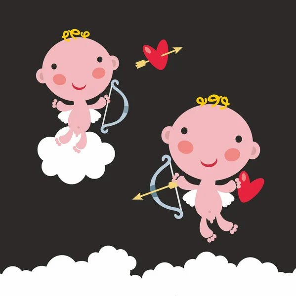 Conjunto Dois Anjos Bonitos Bebê Com Arco Flechas Céu Ilustração — Vetor de Stock