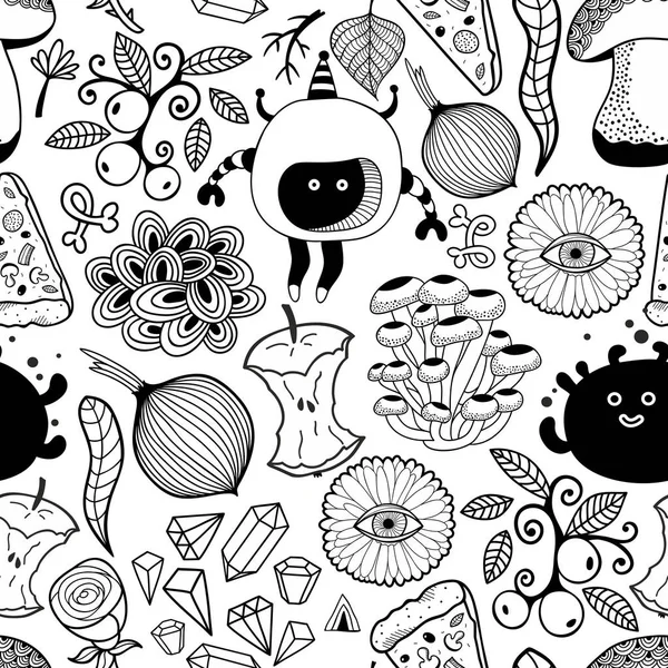 Black White Wallpaper Coloring Vector Endless Pattern Monsters Food — Stock Vector