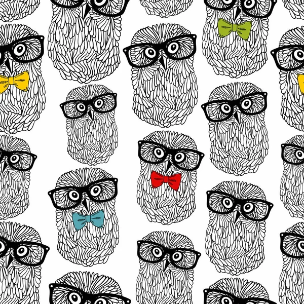 Seamless Pattern Owls Hipster Style Isolated White Background — Stock Vector