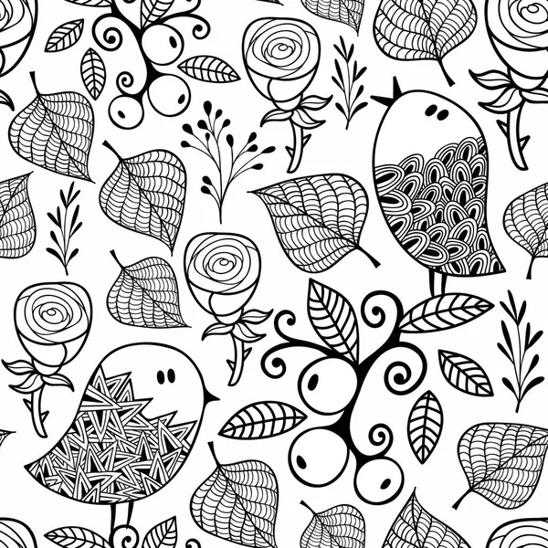 Black White Seamless Pattern Doodle Nature Elements Vector Artisic Background — Stock Vector