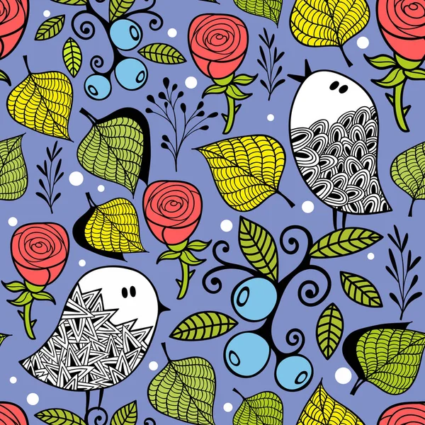 Endless Creative Background Doodle Birds Leaves Berries Vector Illustration — Stock Vector