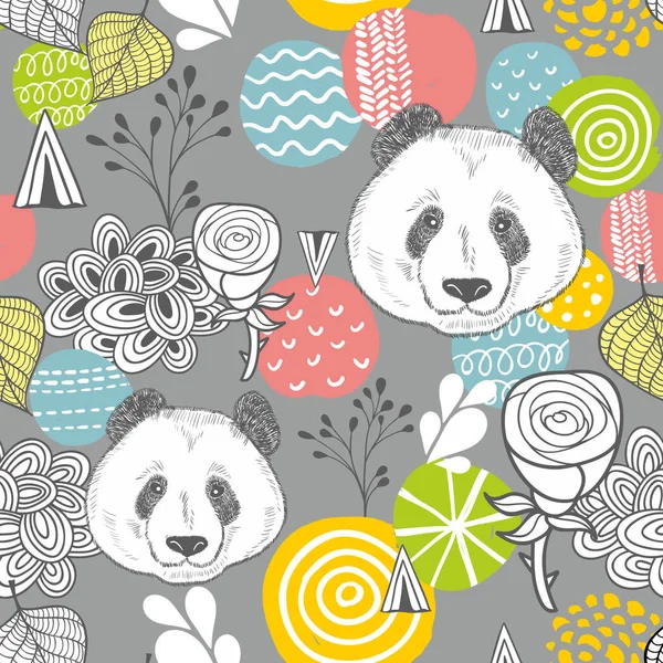 Cute Panda Seamless Pattern Grey Background Vector Illustration Pastel Colors — Stock Vector