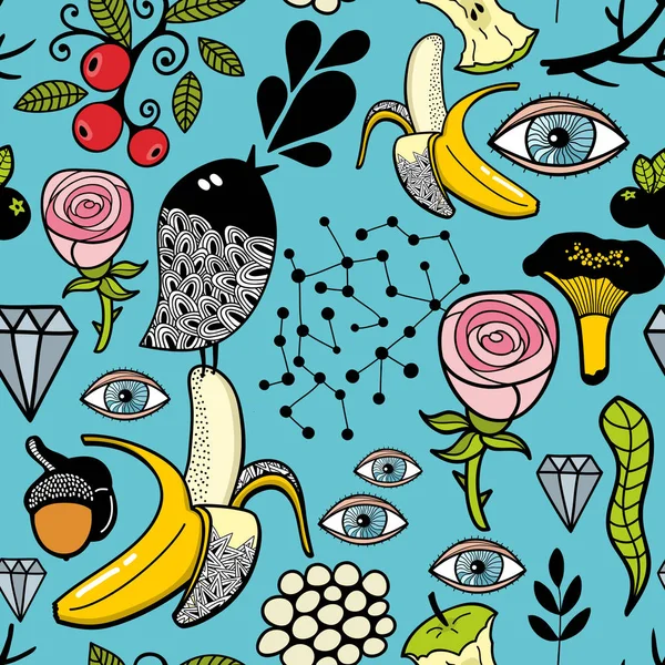 Motif Coloré Sans Couture Avec Tête Noire Oiseau Bananes Fond — Image vectorielle