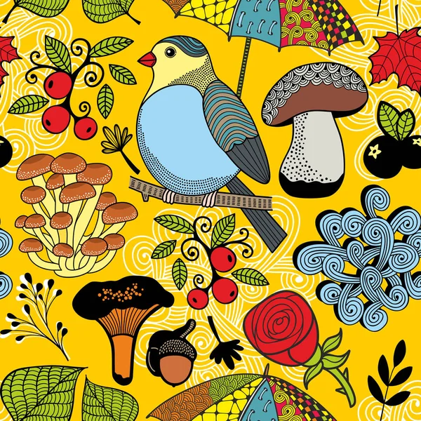 五颜六色的无缝图案与森林野生鸟在树上 无穷向量图示 — 图库矢量图片