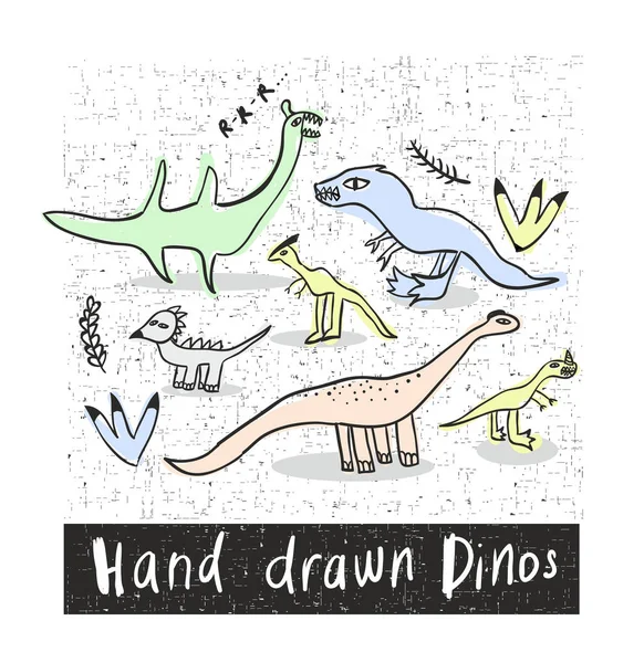 Set Hand Drawn Prehistoric Animals Naive Style Kids Vector Illustration — Stock Vector