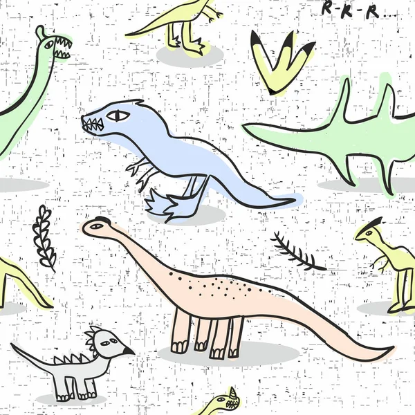 Seamless Mönster Med Doodle Dinosaurie Vector Strukturerad Tapet Barn Stil — Stock vektor