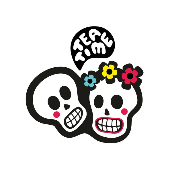 Par Humanos Muertos Hermosa Ilustración Vectorial Con Cráneos Flores — Vector de stock