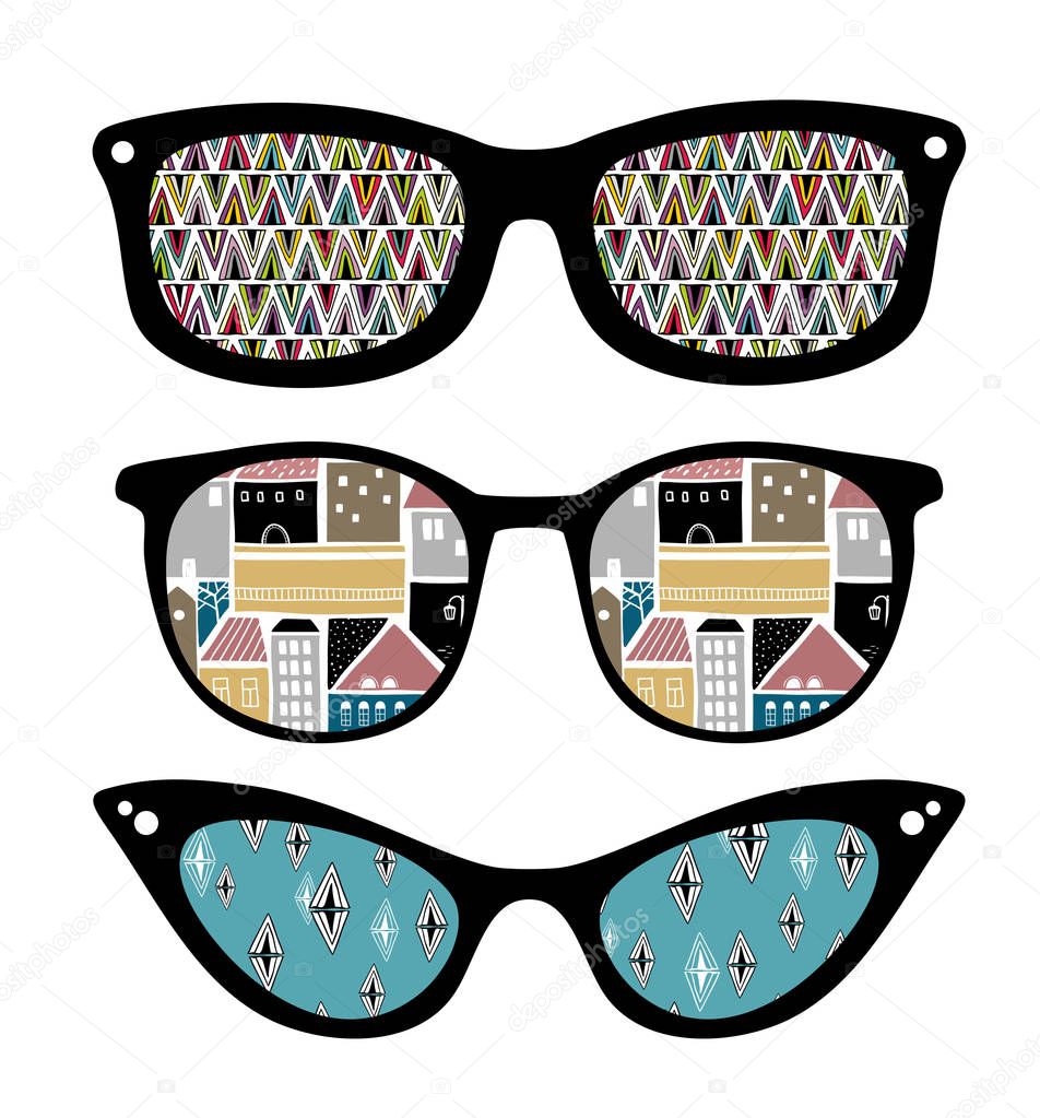Creative set of retro sunglasses with pattern reflection. Vintage vector illustration.