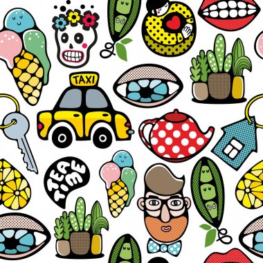 Endless pattern with different things and objects. Vector illustration in doodle stile. seamless wallpaper. clipart