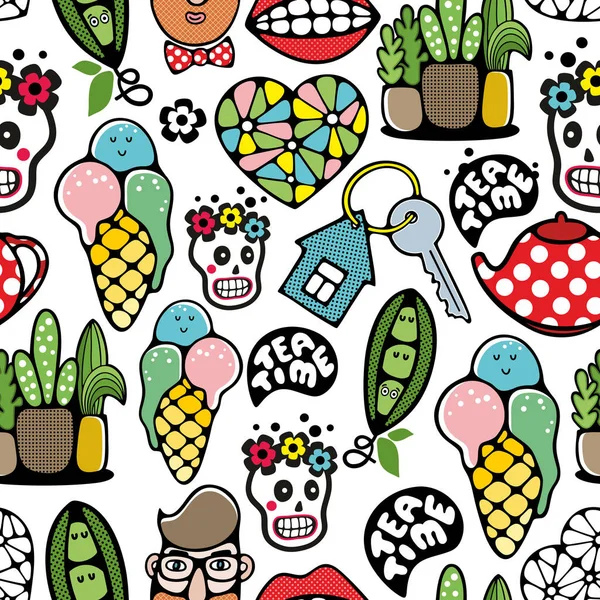 Fundo Sem Costura Colorido Com Hipster Crânios Engraçados Vector Papel — Vetor de Stock