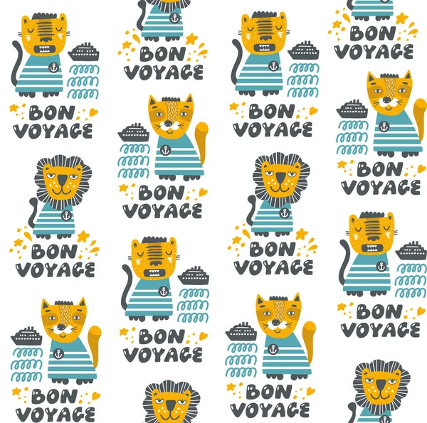 Surface seamless pattern with lettering and cute animals going to travel via ship in the ocean. — Stock Vector