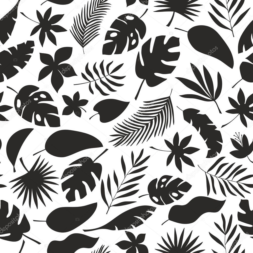 Black and white seamless pattern with jungle floral elements.