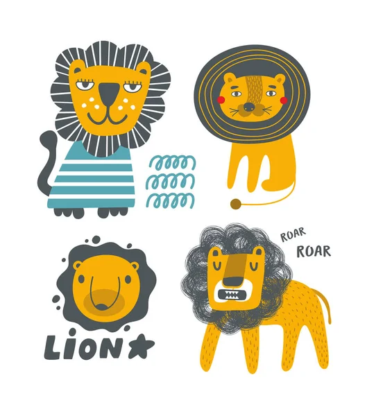 Scandinavian posters lion set for children room decor and decorating. — Stock Vector
