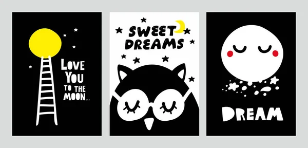 Χαριτωμένες αφίσες σκανδαλοθηρικού στυλ για νυχτερινά όνειρα με γράμματα. — Διανυσματικό Αρχείο