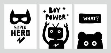 Karalama karakterli ve harfli İskandinav monokrom posterleri.