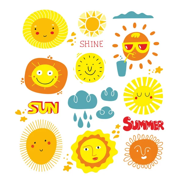 Set of funny sun characters with human faces and lettering. — 스톡 벡터