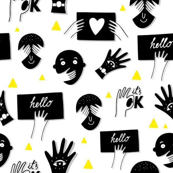 Funnymale faces seamless pattern in black and white colors. — Stock Vector