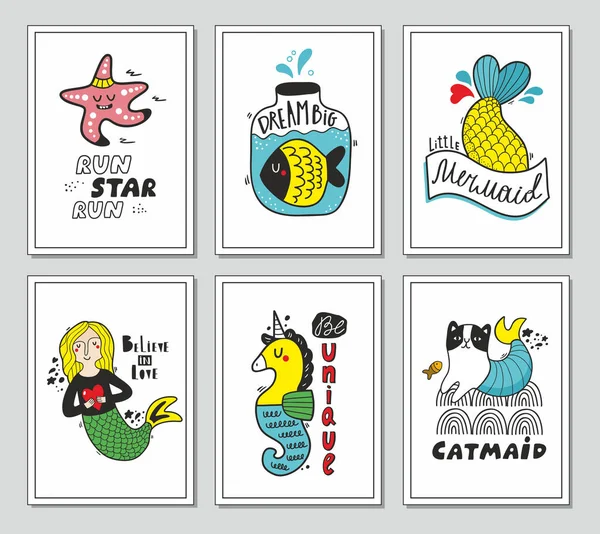 Conjunto de tarjetas de felicitación y postales con criaturas fantásticas del mar . — Vector de stock