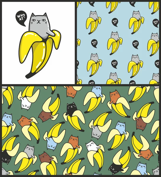 Conjunto com gatos bonitos e gatinhos em bananas . — Vetor de Stock