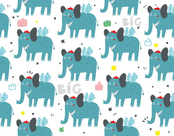 Sömlös illustration med roliga elefanter på vit bakgrund. — Stock vektor