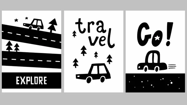 Uppsättning skandinaviska affischer för små resenärer. — Stock vektor