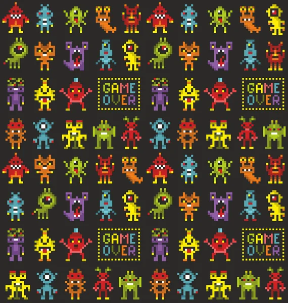 Seamless Pattern Cute Pixel Monsters Video Game Robots Attack Retro — Stock Vector