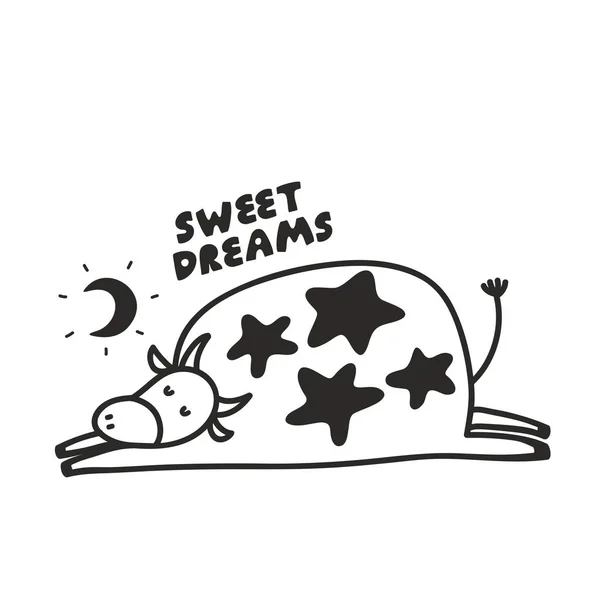 Funny Poster Sleeping Cow Moon Vector Black White Illustration Doodle — Stock Vector