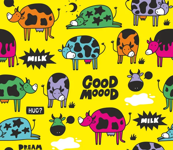 Modèle Sans Couture Coloré Avec Vaches Drôles Lettrage Vecteur Sans — Image vectorielle