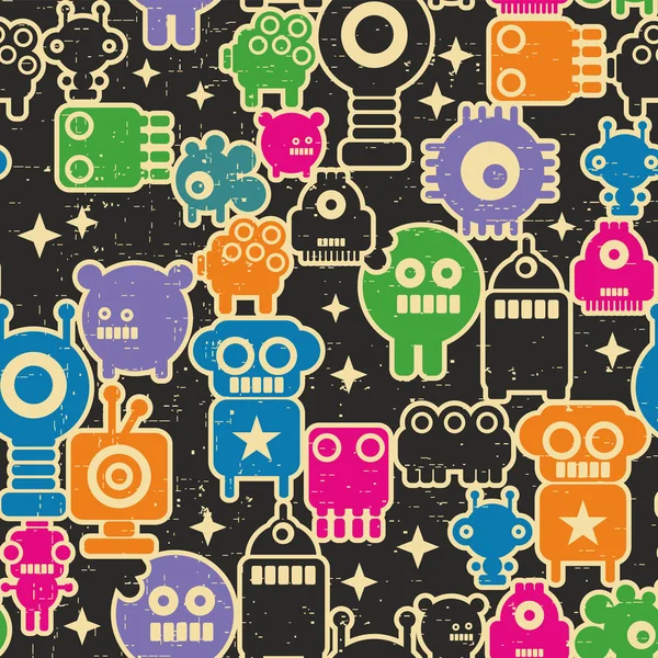 レトロなピクセルスタイルのロボットやモンスターとシームレスなパターン コンピュータゲームの背景 ベクトル子供のための無限の壁紙 — ストックベクタ