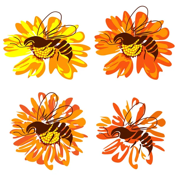 Bee on a flower, four images on a white background — Stock Vector