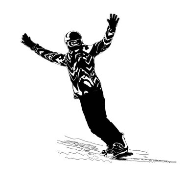 Snowboard 'daki kız dağdan aşağı iniyor, beyaz arka planda siyah-beyaz bir vektör çizimi var.