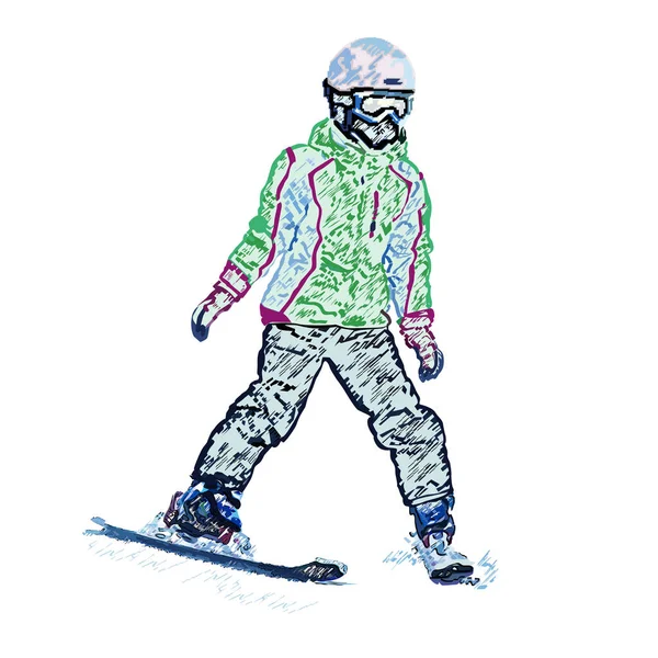 在山上滑雪的女孩爬下山时 用彩色铅笔 白色背景上的矢量图解 — 图库矢量图片