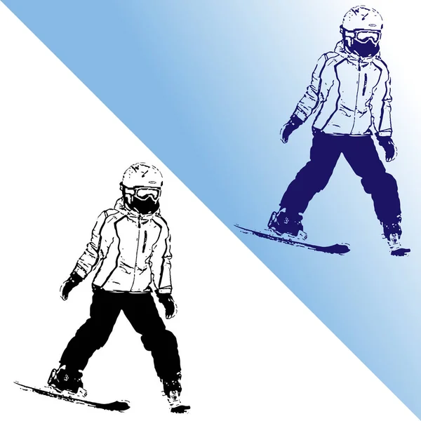 山上滑雪的女孩爬下一座山 一张图章 一个矢量图解 白色的 倾斜的背景上 — 图库矢量图片