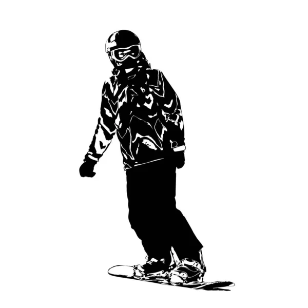 Girl Snowboard Climbing Mountain Black White Vector Illustration White Backgroun — Stockvektor