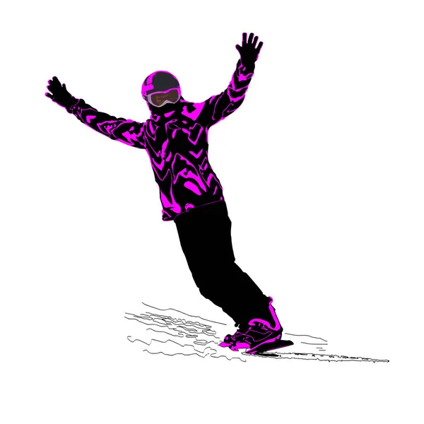 Girl Snowboard Climbing Mountain Color Neon Vector Illustration White Background — Stockvektor