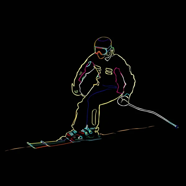 Athlete Mountain Skiing Climbing Mountain Neon Color Vector Illustration Black — Stockvektor