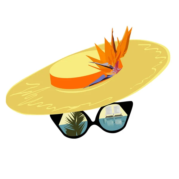 Sombrero Las Gafas Del Viajero Con Reflejo Situación Ilustración Del — Vector de stock