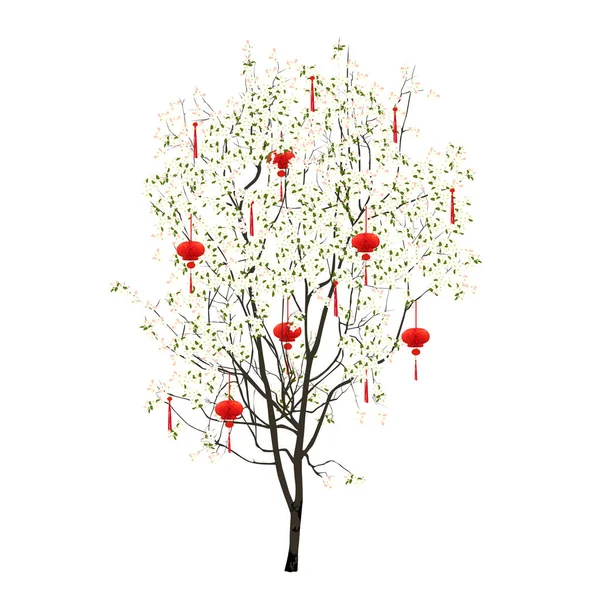 Año Nuevo Chino Árbol Con Flores Blancas Linternas Rojas Imagen — Vector de stock