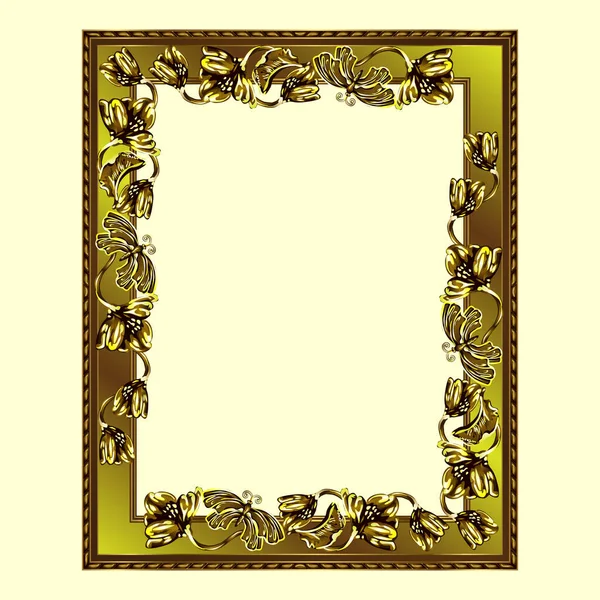 Rechthoekig Frame Van Gouden Kleur Met Bloemen Vlinders Kleur Vector — Stockvector