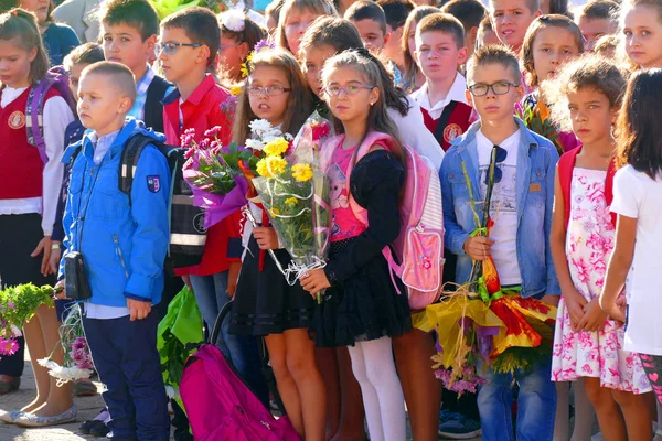 Kwiaty dla nauczycieli na pierwszy dzień w szkole. — Zdjęcie stockowe