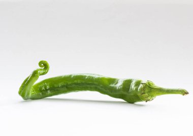 Long thin curly green pepper on a white background