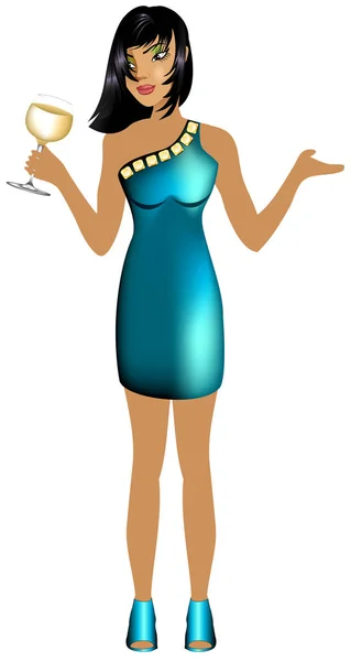 Mujer asiática Teal vestido — Vector de stock